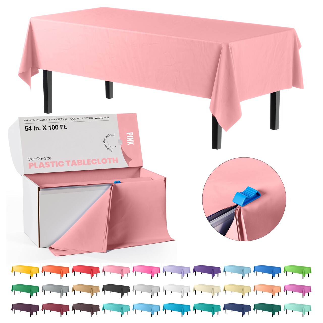 Exquisite Party Solids 54" x 100' Plastic Table Cover Roll with Slide Cutter – Cut-to-Size Dispenser Box – Makes Up to 36 Disposable 8' Rectangle Tablecloths